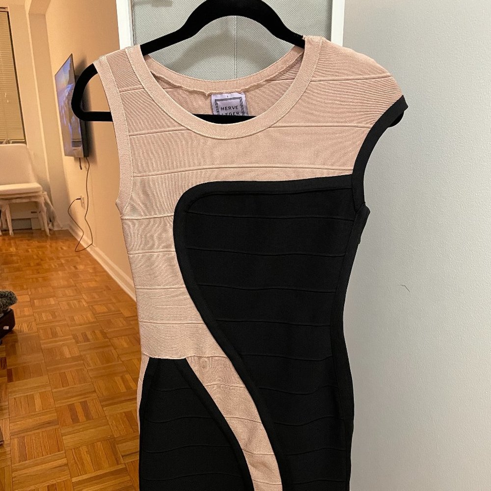 Herve Leger Color block cream and black bandaid dress